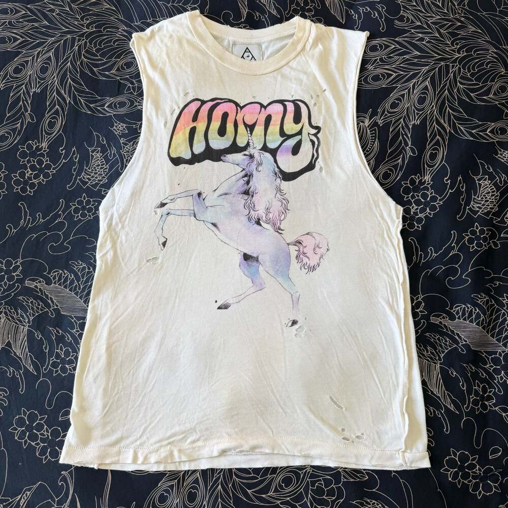 RARE UNIF 'Horny' Rainbow Unicorn Distressed Tank Top Indie Sleaze Y2K Size S